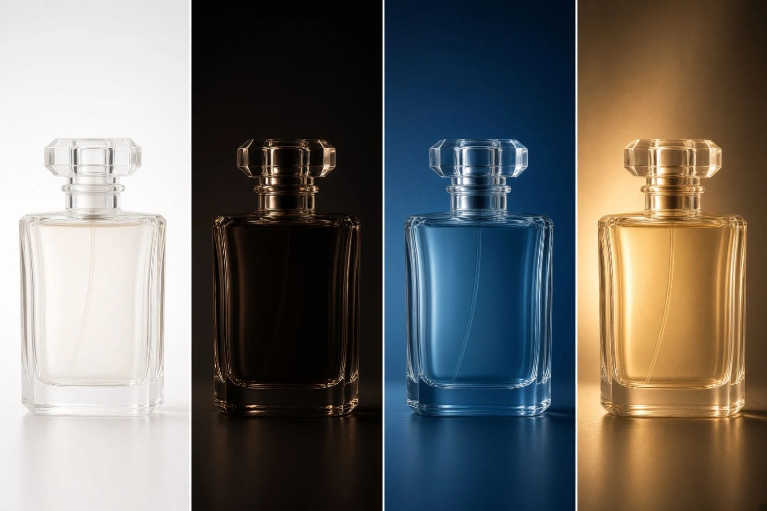 One fragrance bottle in four colourways — clear, amber, blue and gold — side by side