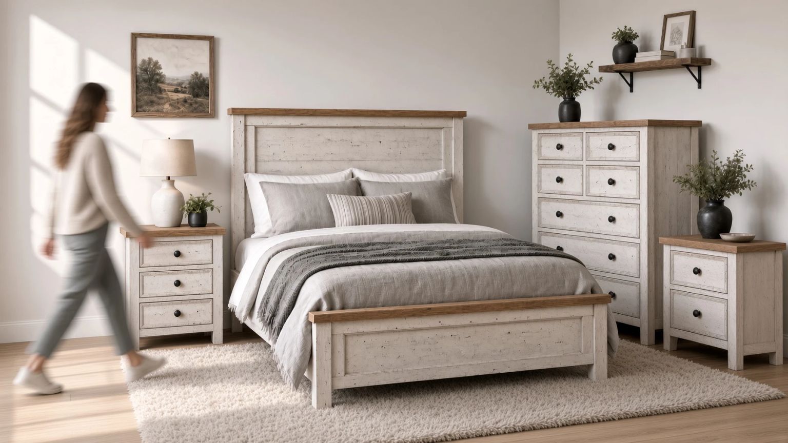 A woman walking through a bedroom furnished with a white oak bed and dressers