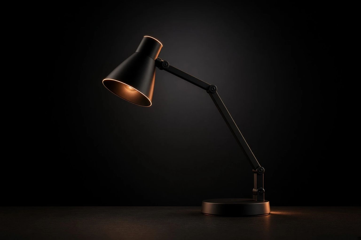 Matte black articulated desk lamp lit from within against a black background