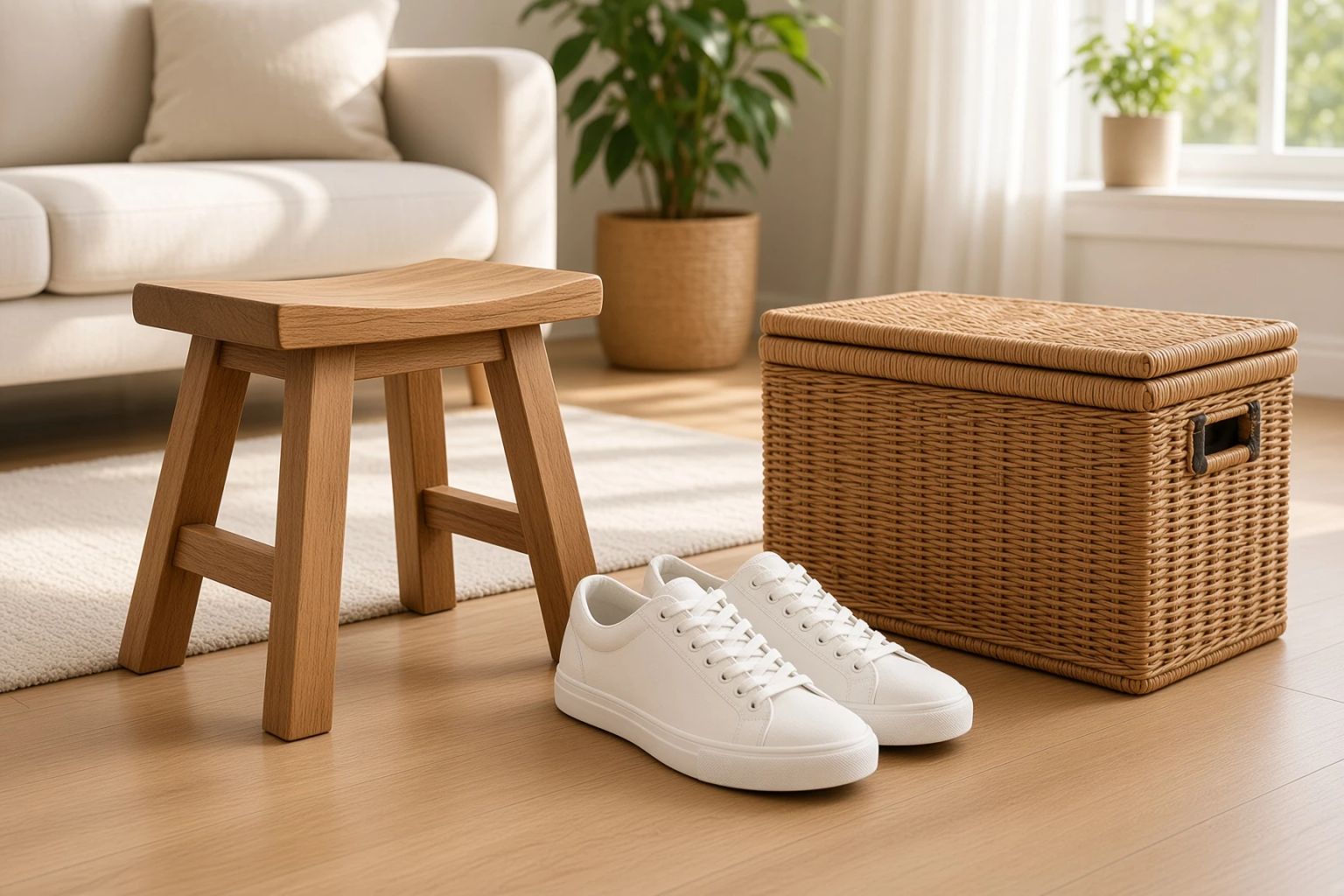 A sunlit living room with an oak stool, a wicker basket and white sneakers