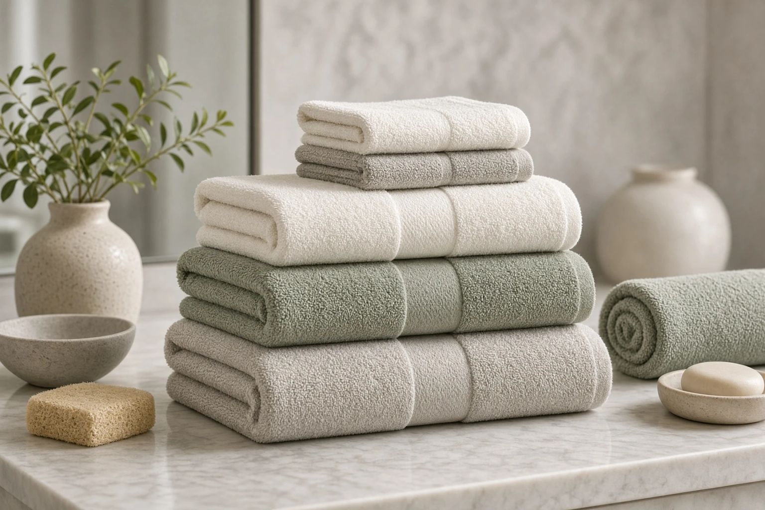 Folded white and sage bath towels stacked on marble beside soap and a vase