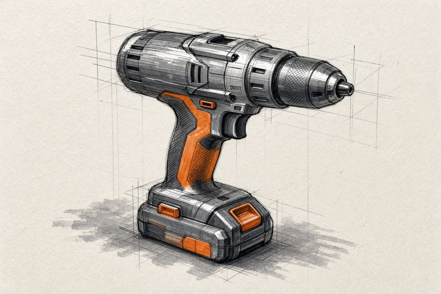 A marker and pencil concept sketch of a cordless drill over construction lines