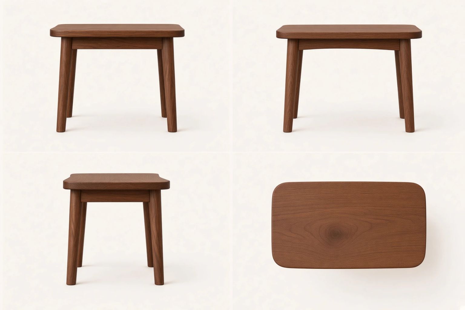 One walnut stool shown in four elevations — two side views, front, and top-down