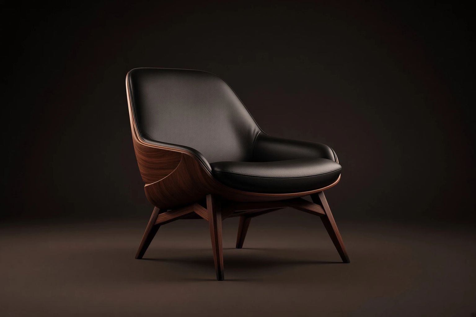 Three-quarter packshot of the walnut and leather lounge chair on a brown sweep