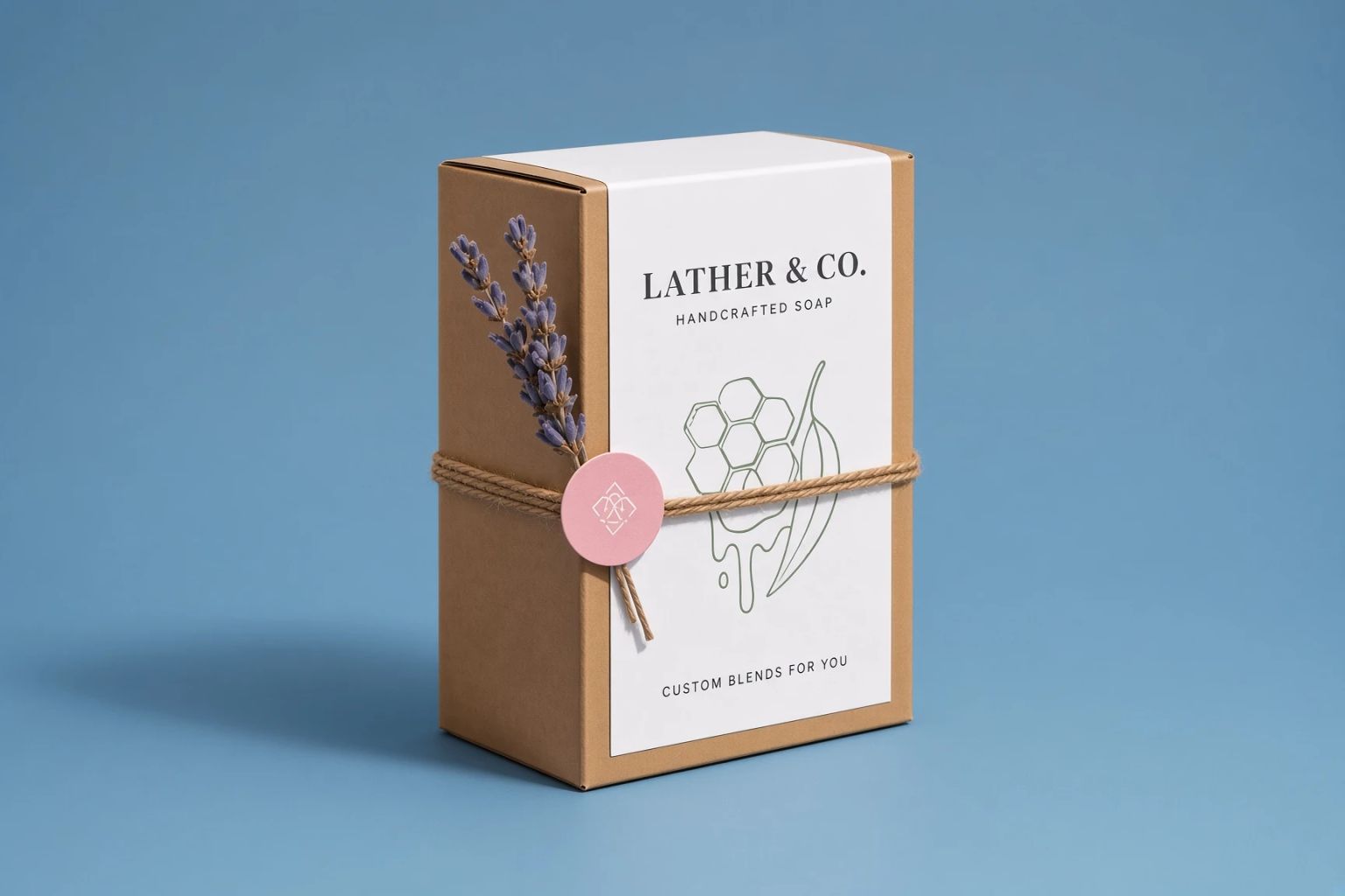 A Lather & Co. handcrafted soap carton with a lavender illustration, on blue