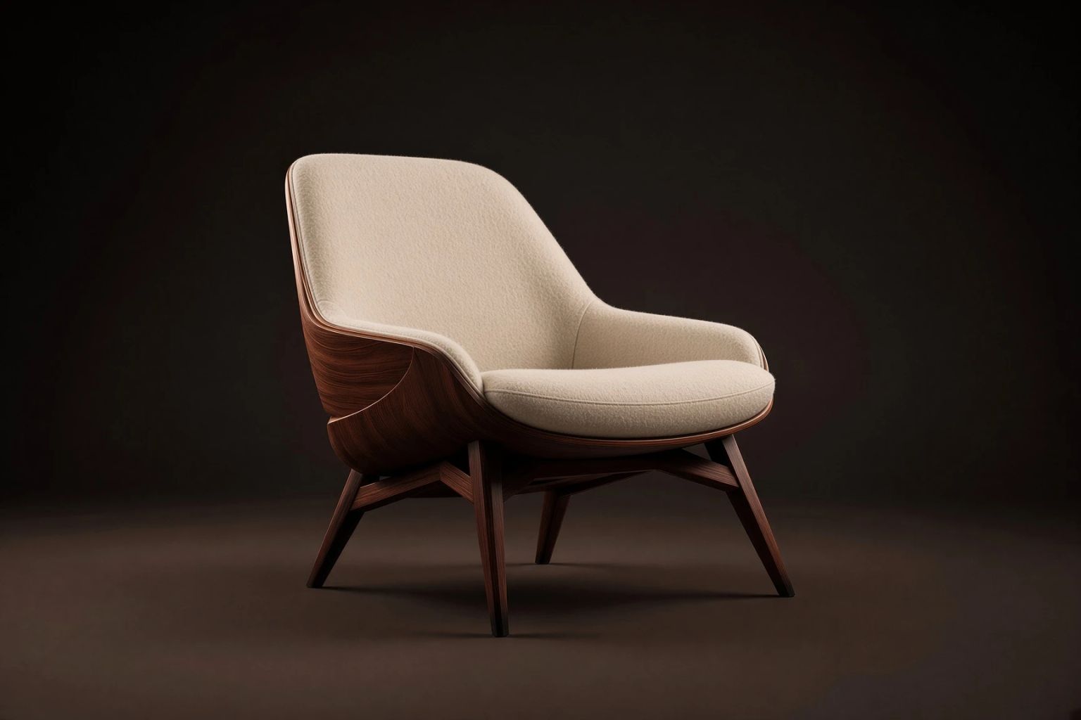 The same lounge chair after a region edit, its leather replaced with cream bouclé