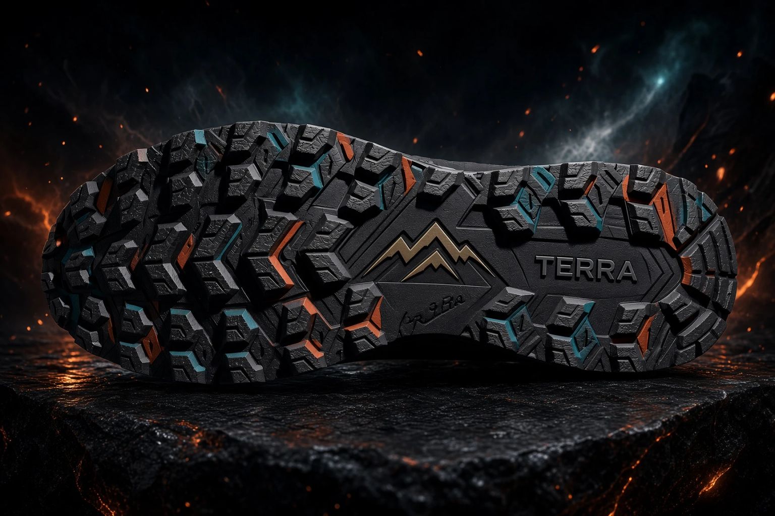 The lugged outsole of a trail running shoe, shot from below over embers