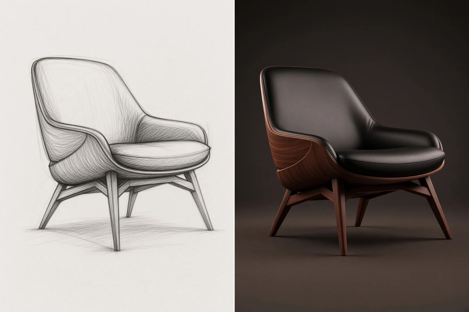 A pencil chair sketch beside the finished render generated from it