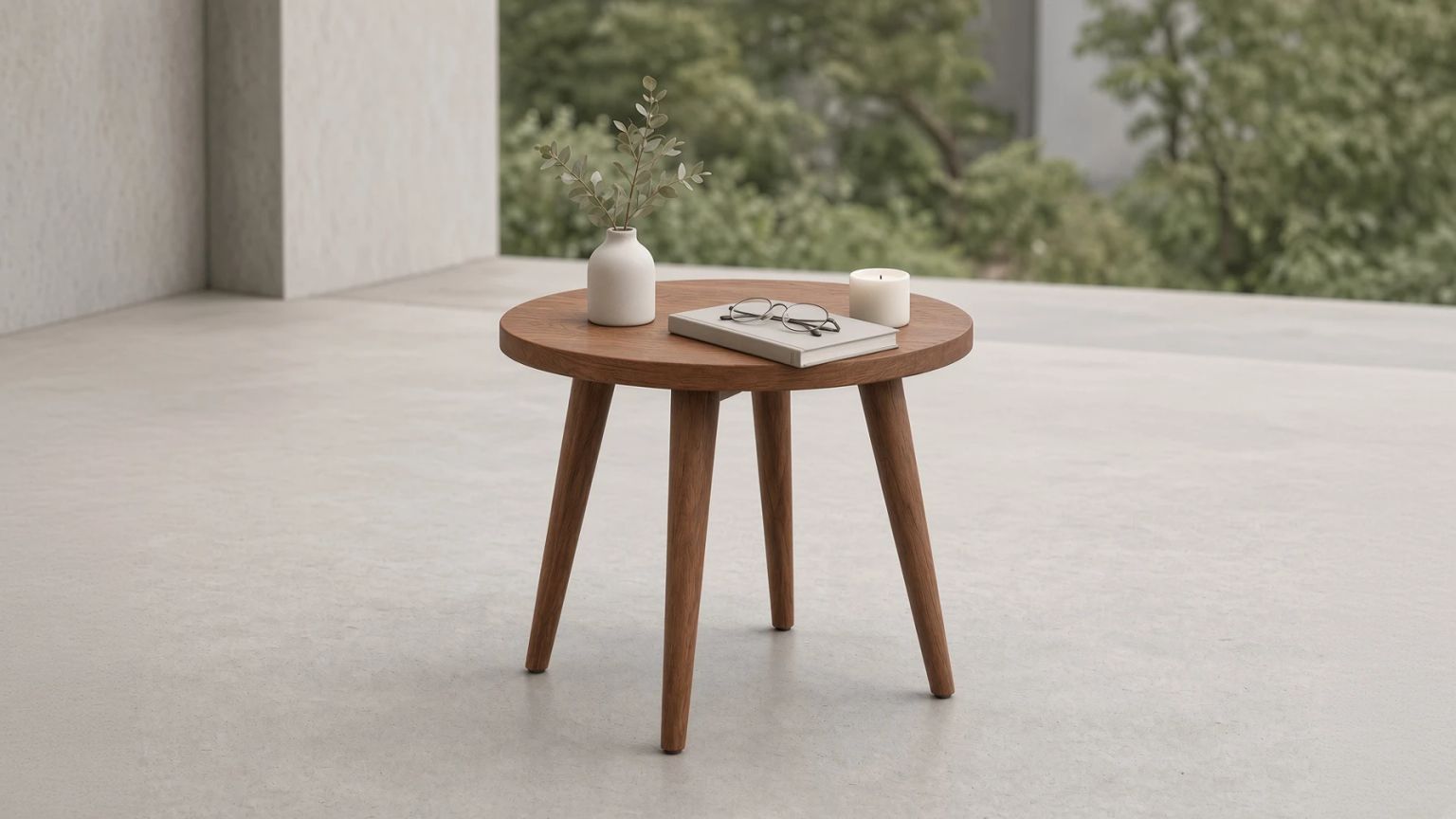 Round walnut side table holding a vase and books in a bright concrete room